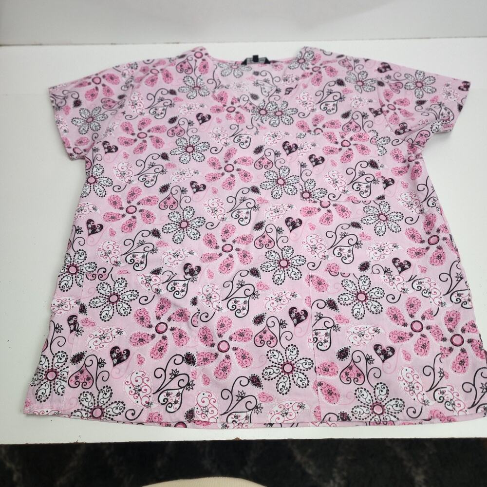 Just Love Brand Pink Floral V-Neck Short Sleeve Scrubs Top Women's Size XL